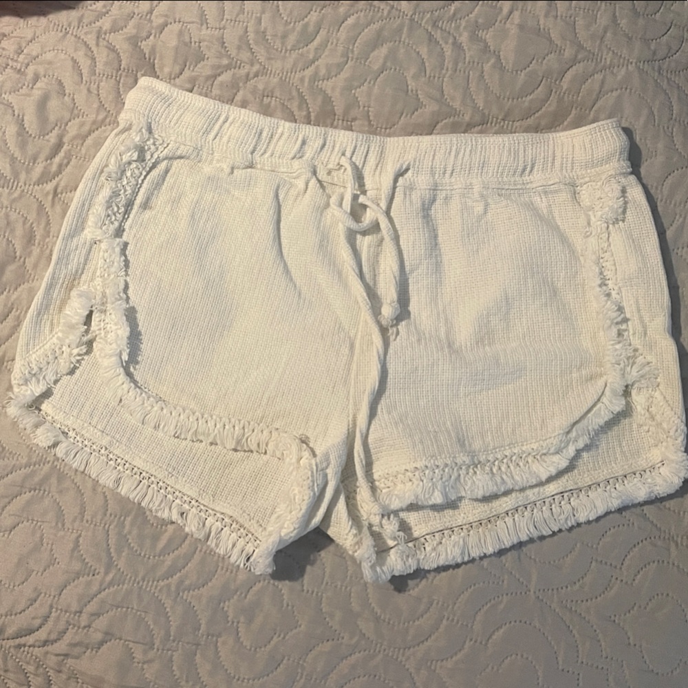 White Knit Fringe Shorts